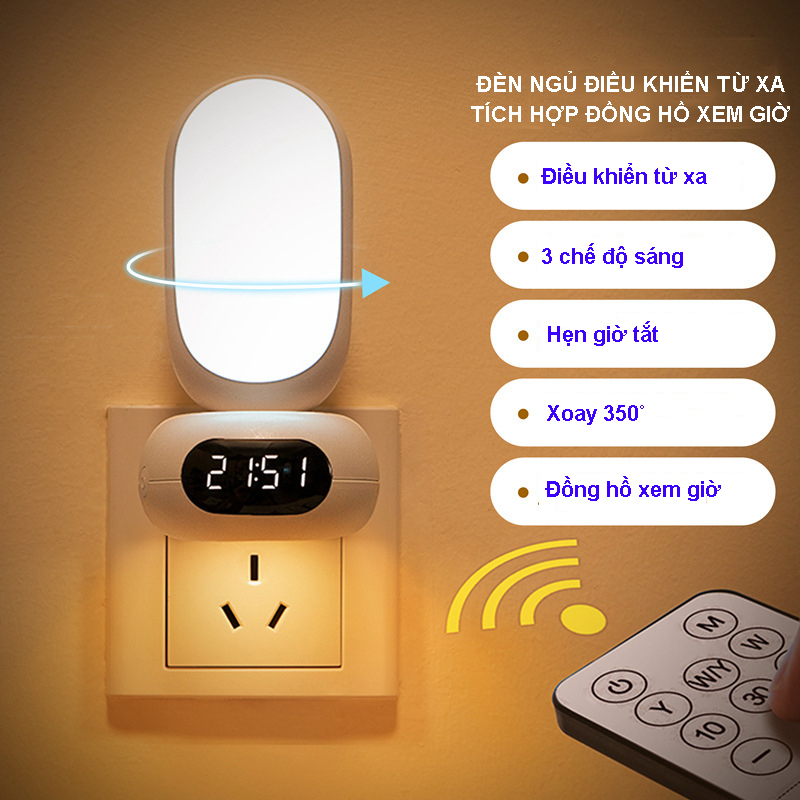 Đèn ngủ điều khiển từ xa bảo vệ mắt với 3 chế độ sáng, điều chỉnh độ sáng 10 cấp độ, tích hợp đồng hồ xem giờ