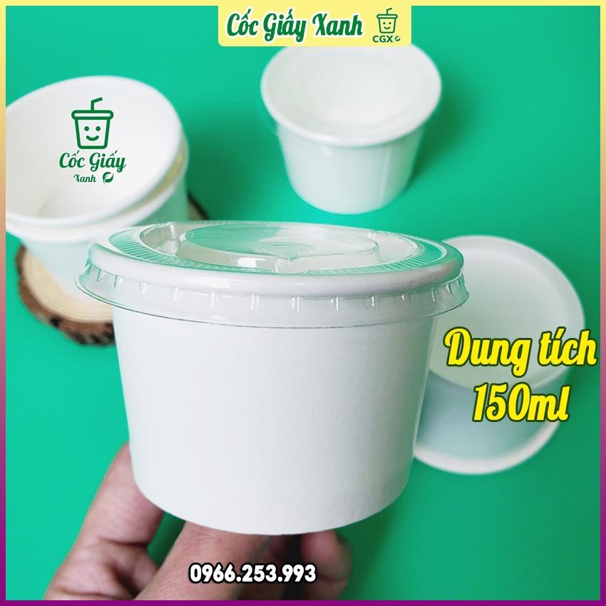 100 Tô Bát Giấy 150ml Trắng Trơn CÓ NẮP, Dùng 1 Lần Đựng Kem, Tàu Hũ, Bánh Bông Lan