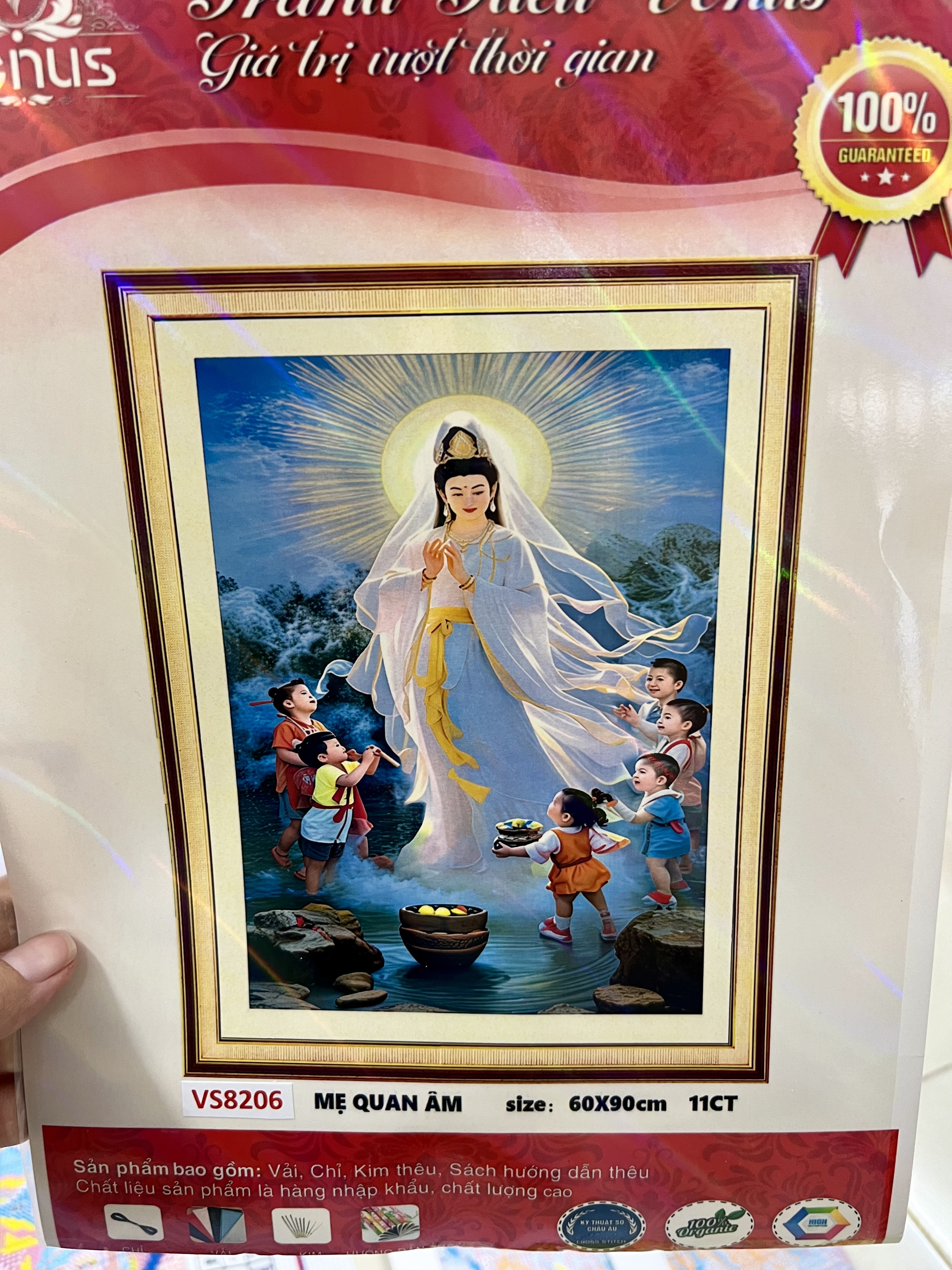 Tranh thêu kín quan âm tống tử vs8206, kích thước 60 x 90 cm