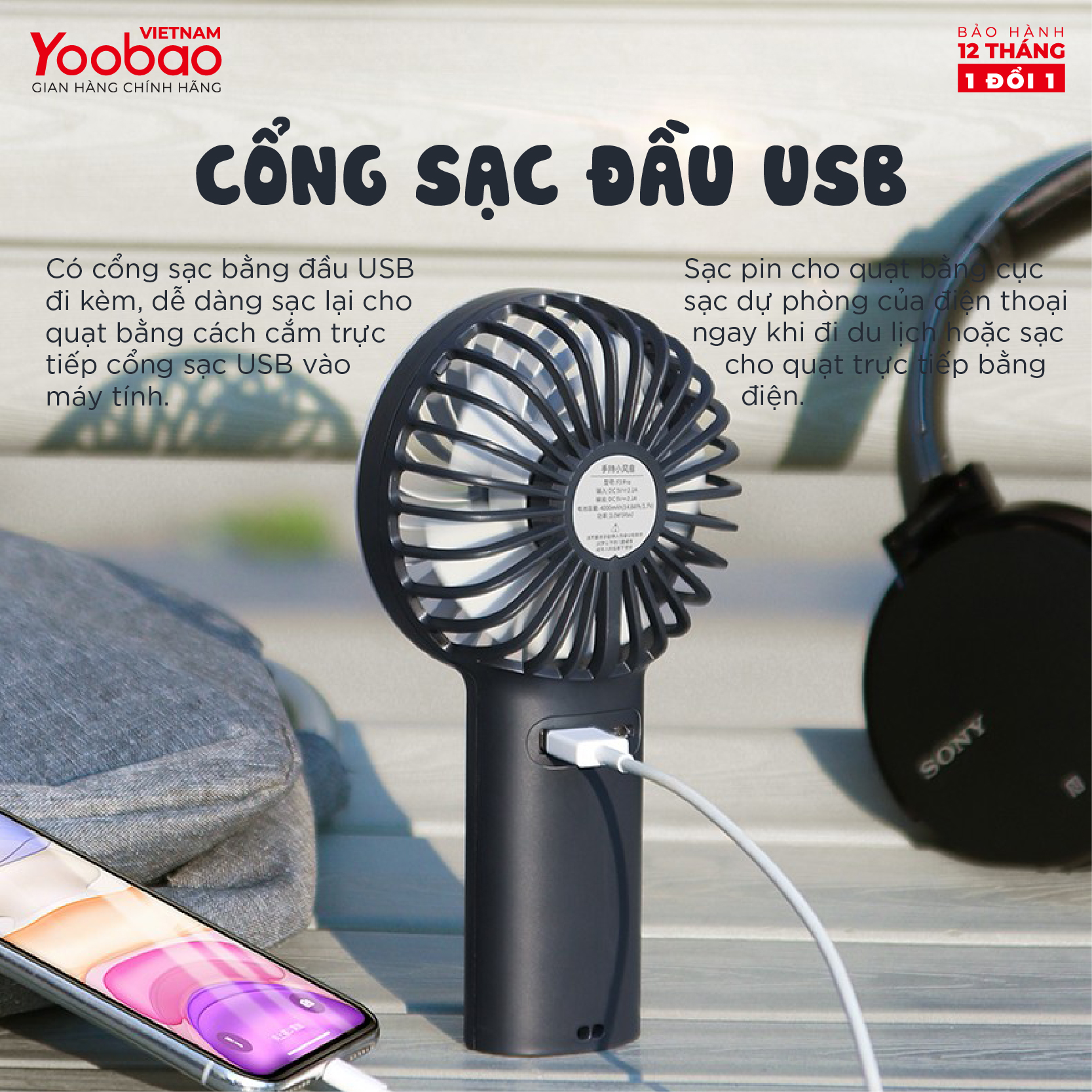 Quạt sạc mini để bàn làm việc YOOBAO F3 Pro 6000/5000mAh Kiêm Sạc Dự Phòng - Hàng chính hãng - Bảo hành 12 tháng 1 đổi 1