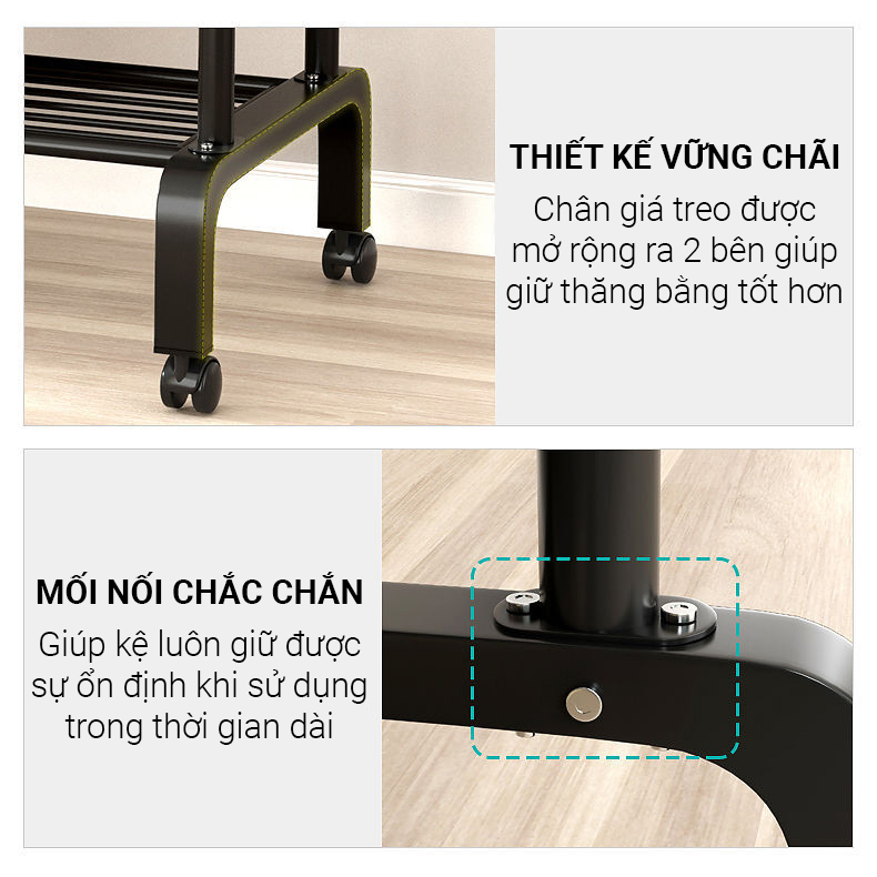 Giá treo quần áo đôi kèm Kệ để giày dép có bánh xe di chuyển phong cách Hàn Quốc hàng chuẩn siêu tiện lợi, kệ giày dép giá phơi đồ kệ treo quần áo Vando