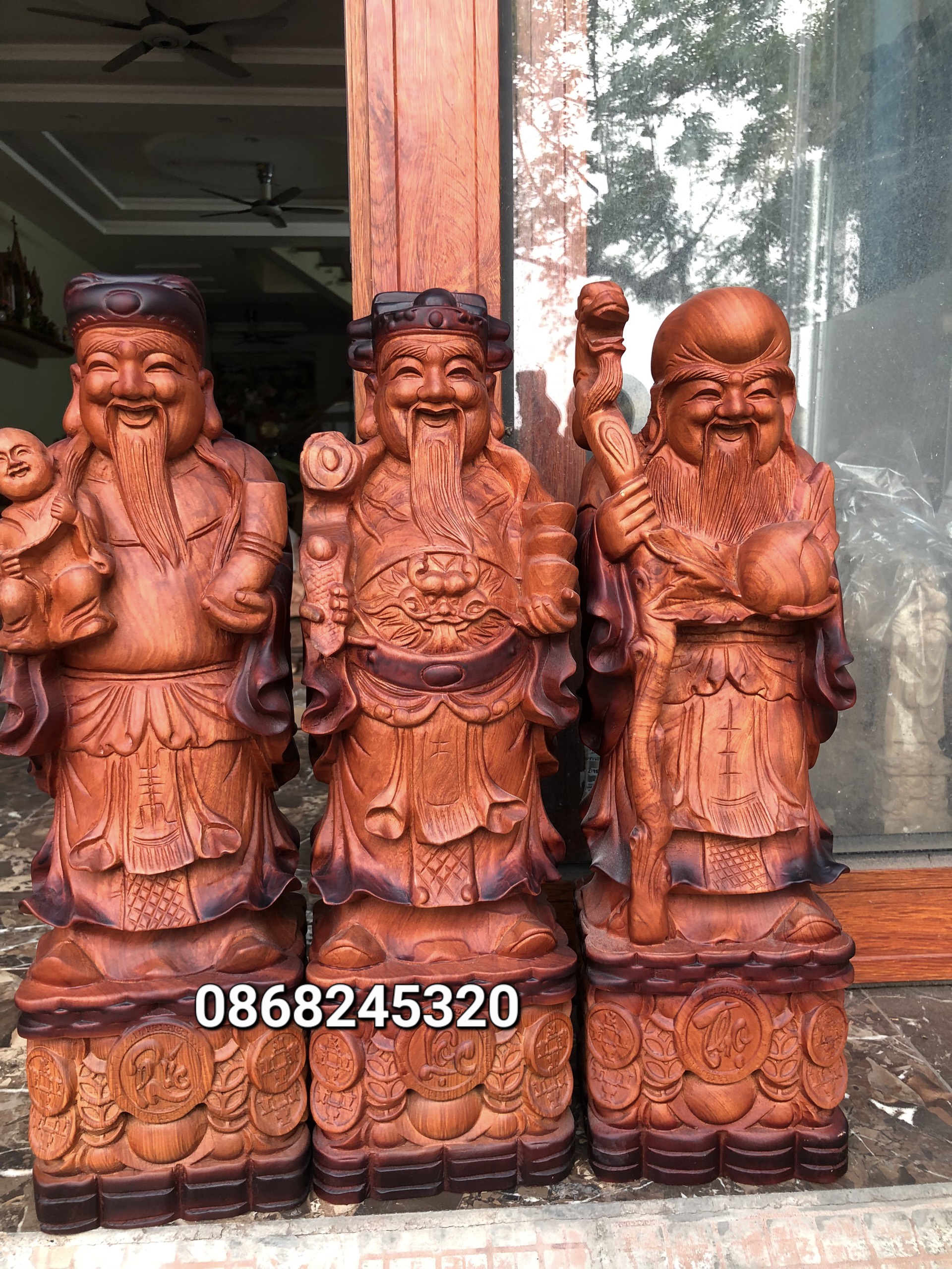 Bộ tượng phật tam đa phúc lộc thọ gỗ hương đá pu giả cổ kt cao 50×16×14cm