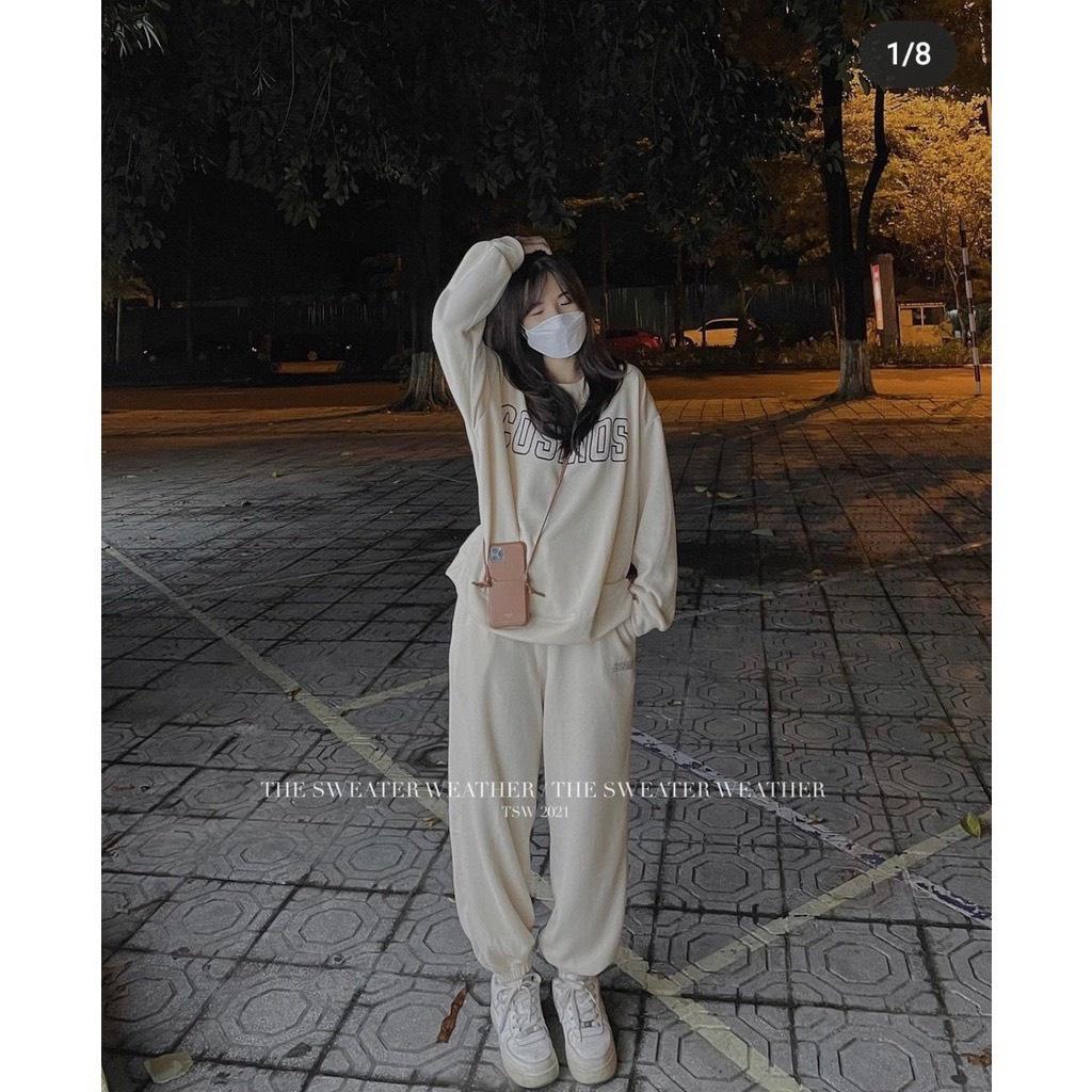 Sét Bộ Nữ, Set Bộ Nỉ Bông Cosmos Áo Hoodie Dài Tay Quần Bom Bo Gấu Chất Siêu Dày Dặn Phong Cách Thể Thao