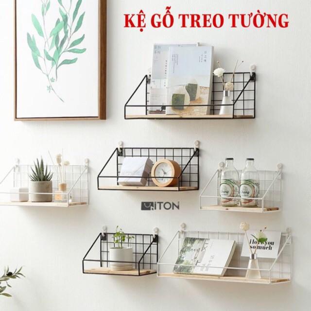 Kệ Sắt Đáy Gỗ Treo Tường Trang Trí, Kệ Để Đồ Đa Năng Có Rào Chắn Tặng Kèm Đinh Và Miếng Dán