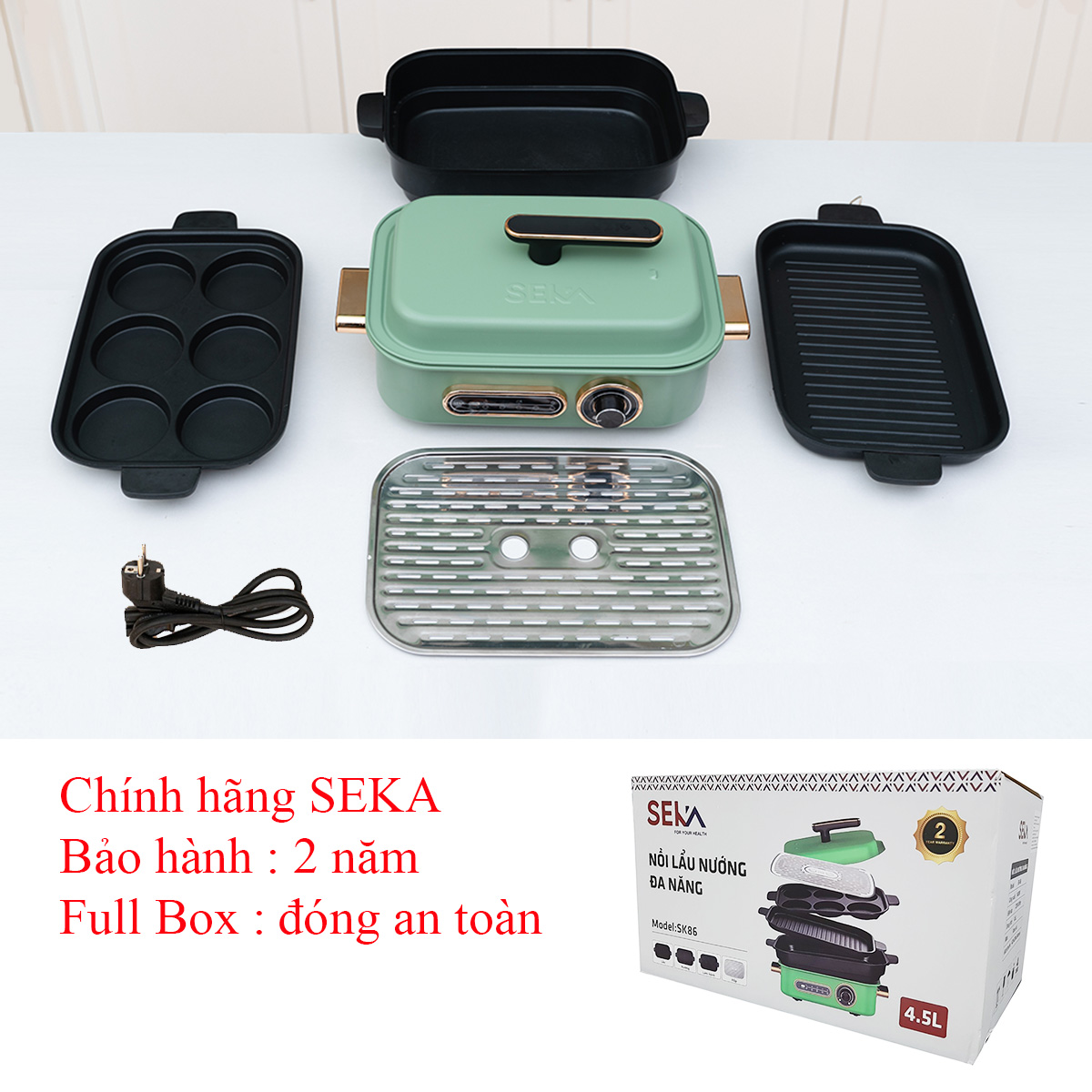 Nồi Lẩu Điện Đa Năng SEKA 1400W - Kết Hợp 4 Trong 1 [Lẩu, Nướng, Hấp, Làm bánh] - Kiểm Xoát Nhiệt Độ An Toàn, Làm Nóng Nhanh, Gia Nhiệt Đều, Lớp Phủ Chống Dính Ceramic Cao Cấp - HÀNG CHÍNH HÃNG.