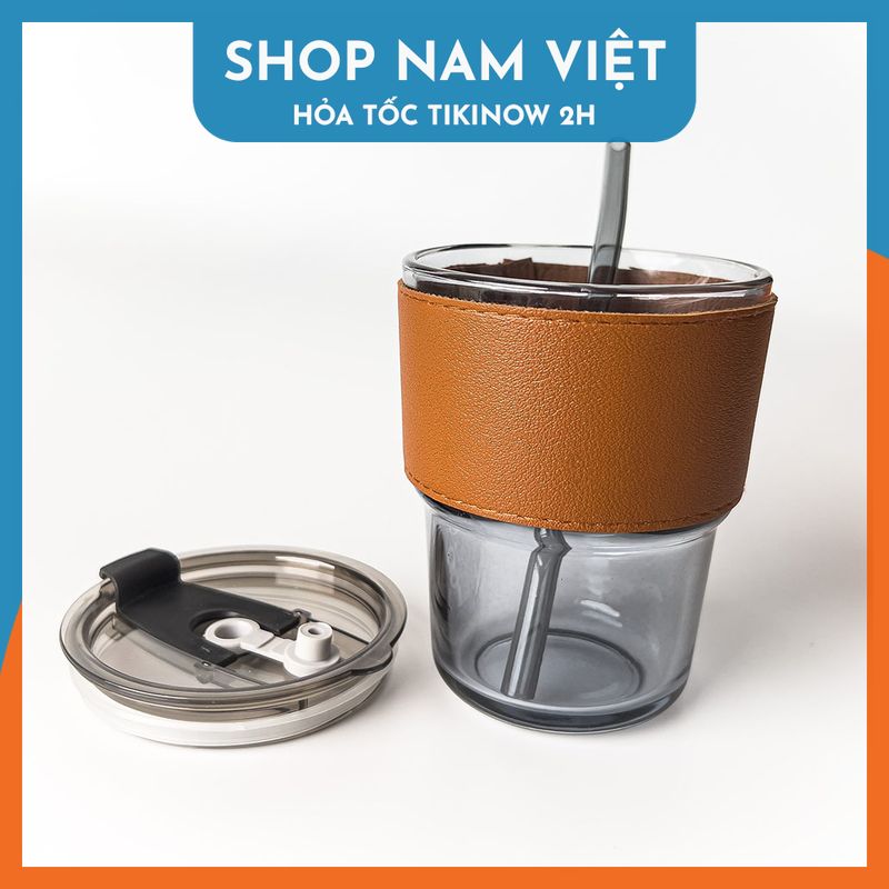 Ly Thủy Tinh 360ml Bọc Da Kèm Ống Hút