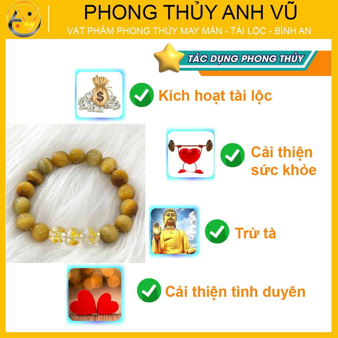 Vòng tay mắt hổ vàng nâu tam hợp dần ngọ tuất - size 8 10 12ly cho người mệnh thổ, mệnh kim - may mắn tài lộc - có khai quang điểm nhãn - PHONG THỦY ANH VŨ