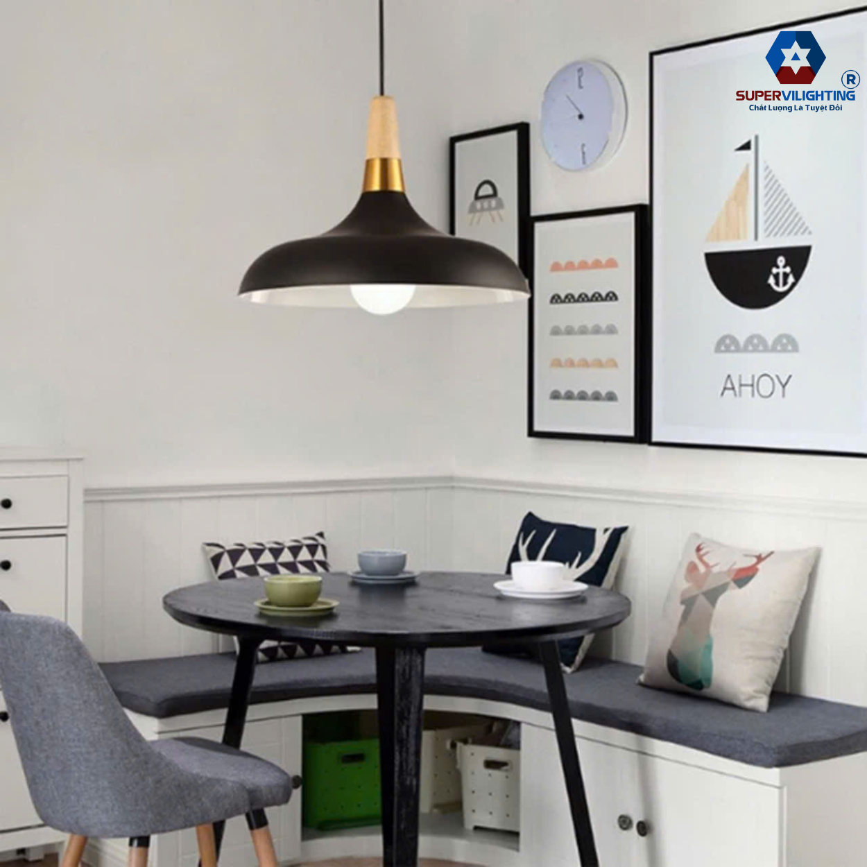 Đèn treo trần trang trí phòng khách phòng ngủ bàn ăn hiện đại chuôi gỗ bọc kim loại mạ vàng