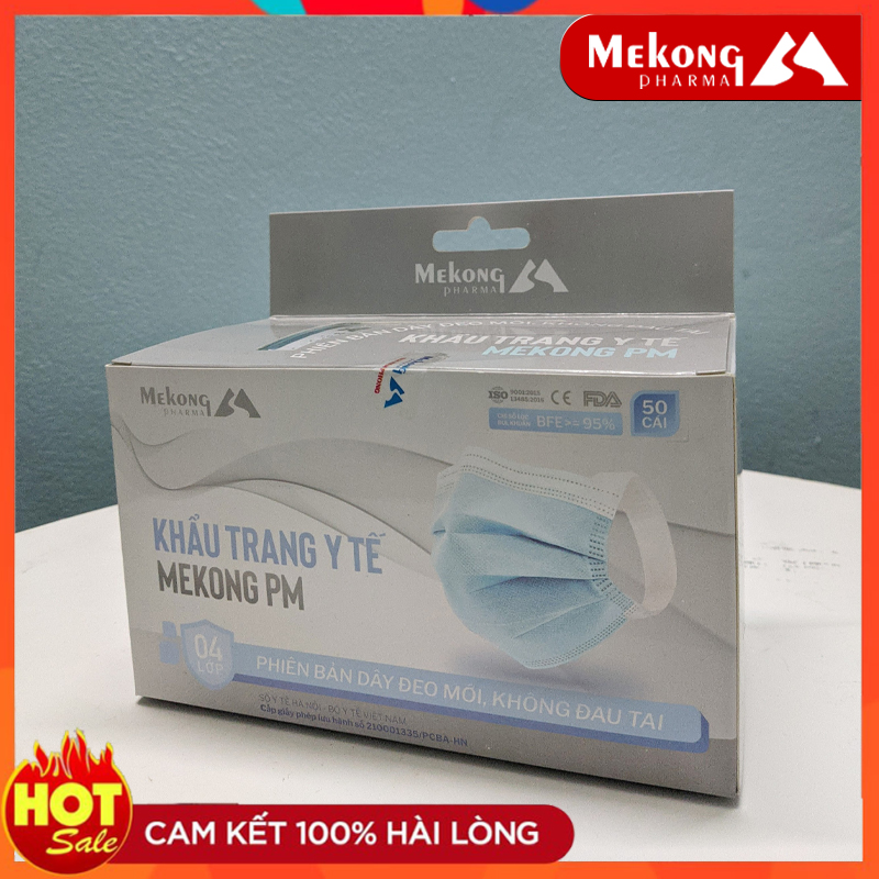 Khẩu trang y tế Mekong 4 lớp kháng khuẩn, dây đeo mềm không làm đau tai (50 cái/Hộp)