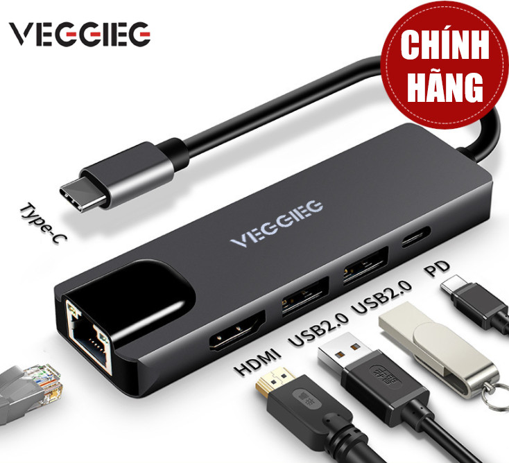 Cáp chuyển USB Type C sang HDMI + USB +LAN + PD VEGGIEG TC05 - Hàng Nhập Khẩu