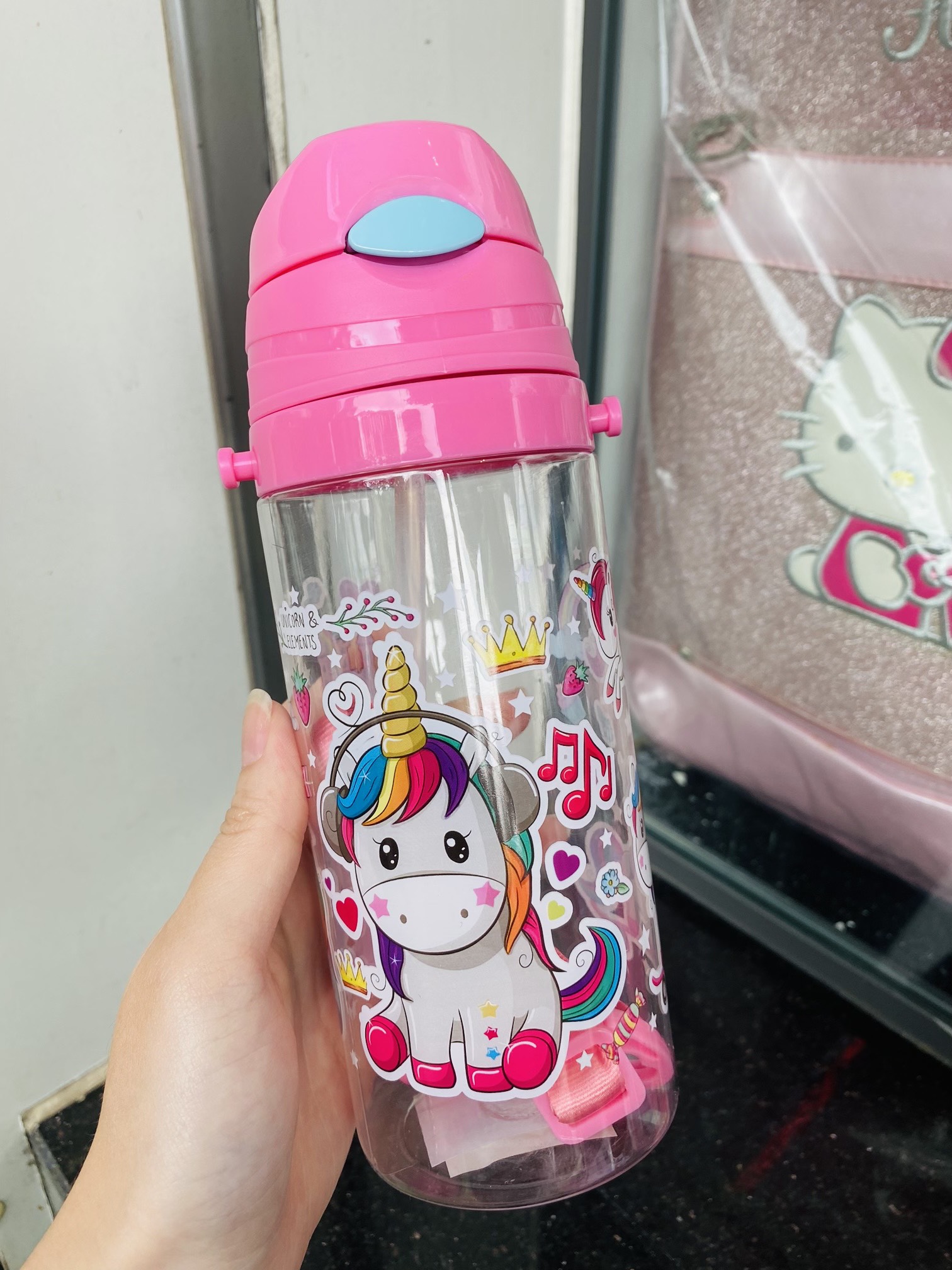 Bình nước nút bấm hình Unicorn, Kitty, Spiderman, Car95 cho các bé - 500ml