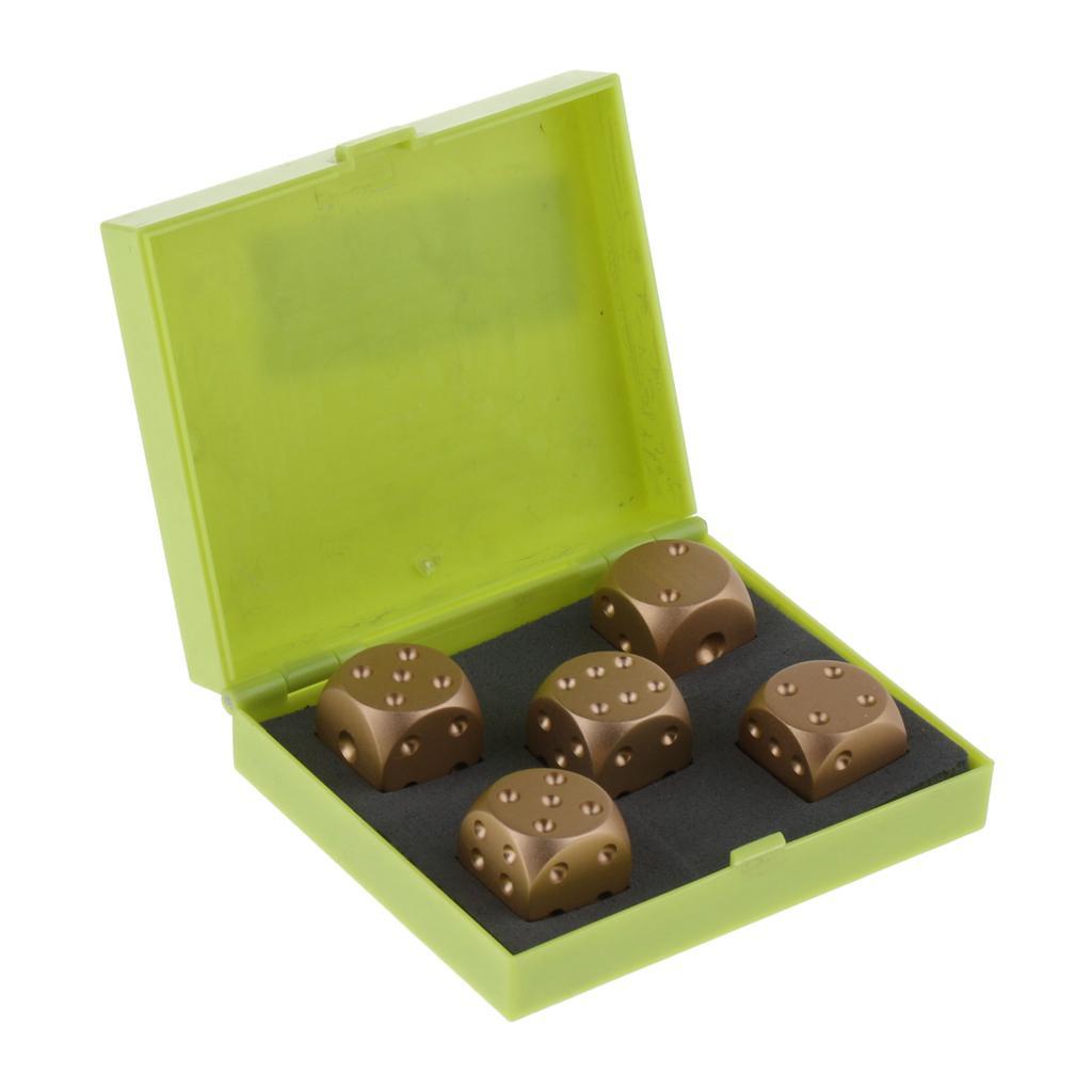 5pcs/set Gold Cube Dice Gift Role Play Games, fully aluminum alloy 6 sided spot dices with a storage box