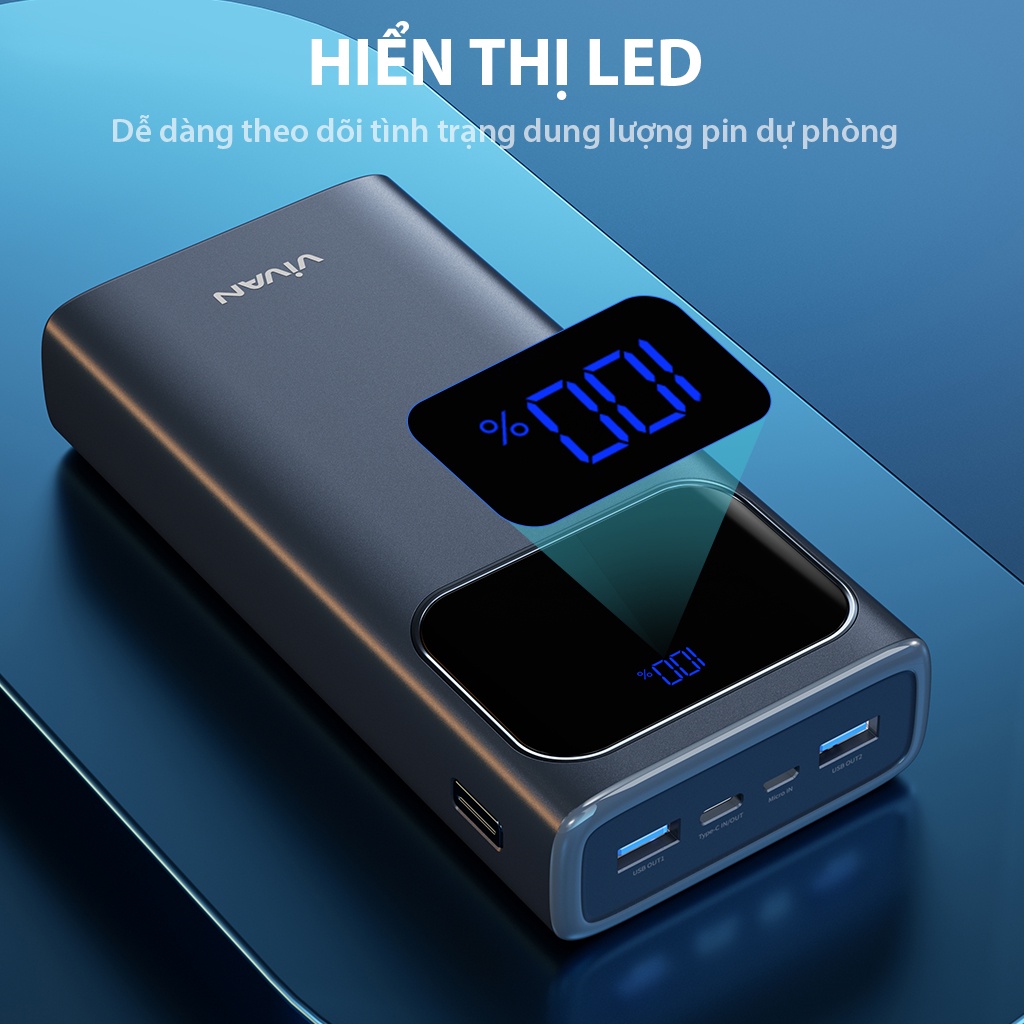 Pin Sạc Dự Phòng Sạc Nhanh VIVAN VPB-C20 20000mAh Hiển thị đèn LED  Hỗ trợ sạc nhanh PD+QC3.0 22.5W - Hàng Chính Hãng