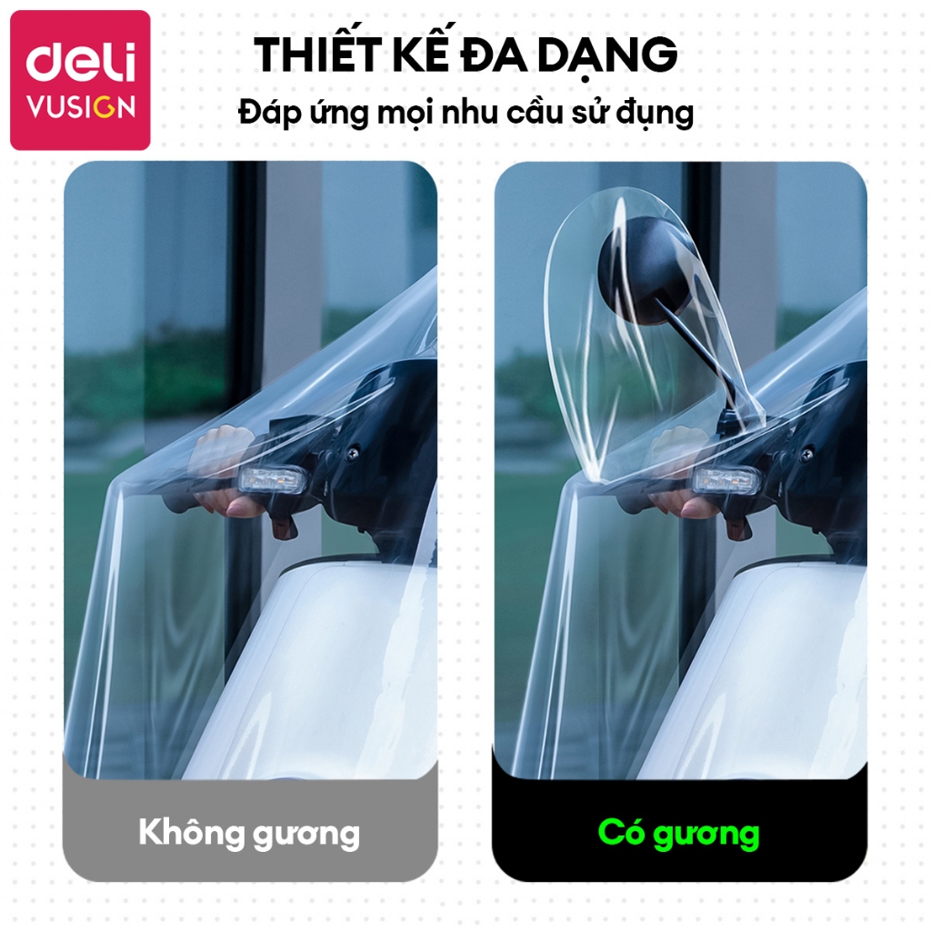 Áo Mưa Trong Suốt Đi Xe Máy DELI Có Kính Chắn Mưa 2 Lớp - Có Tai Gương, Chất Liệu Vải Siêu Bền