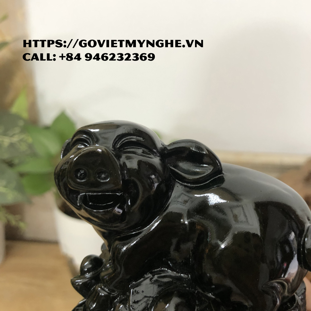Tượng đá con Heo tượng đá trang trí phong thủy bàn làm việc cho tuổi Hợi - Chiều cao 11cm - Màu nâu đen