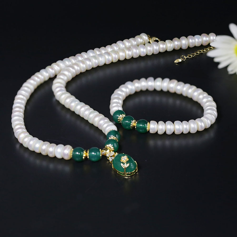 Bộ Chuỗi Ngọc Trai Làm Quà Tặng Đá Mã Não Xanh Sang Trọng - BNJ1308 - Bảo Ngọc Jewelry