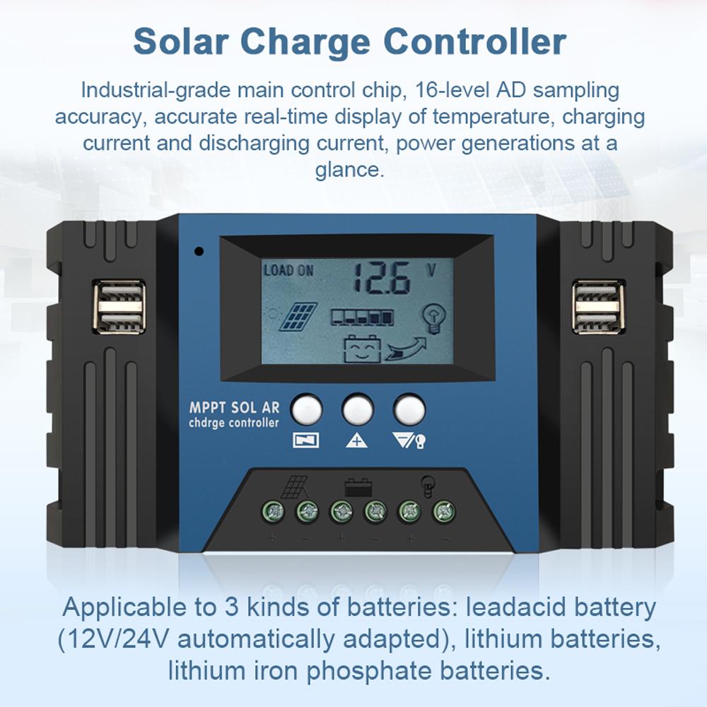 60A MPPT Solar Charge Controller 12/24V Auto Focus Solar Panel Controller Battery Intelligent Regulator with 4 USB Output Adjustable Parameter LCD Display Timer Setting