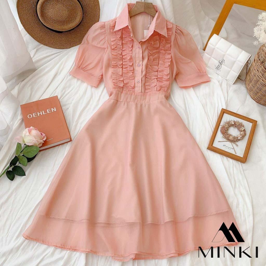 ĐẦM SƠ MI TAY BỒNG DỊU DÀNG - CHẤT LIỆU VOAN TƠ CAO CẤP - MÀU HỒNG/ NUDE