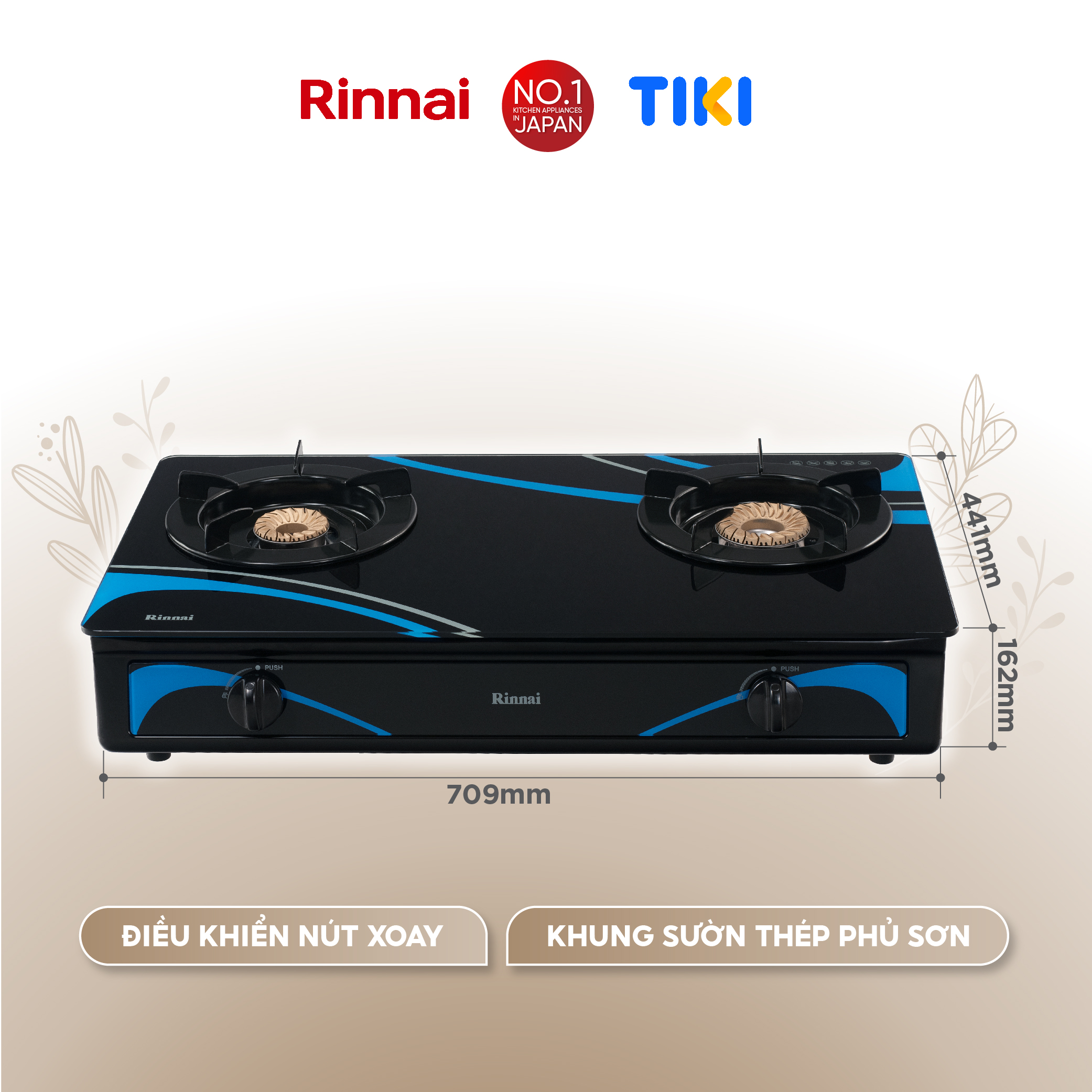 Bếp gas dương Rinnai RV-3715GL(BC) mặt bếp kính và kiềng bếp men - Hàng chính hãng.