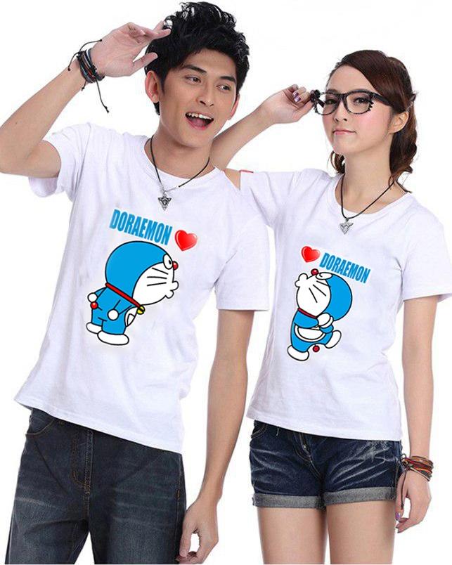 Bộ Áo Thun Đôi Doraemon Màu Trắng Nam Nữ