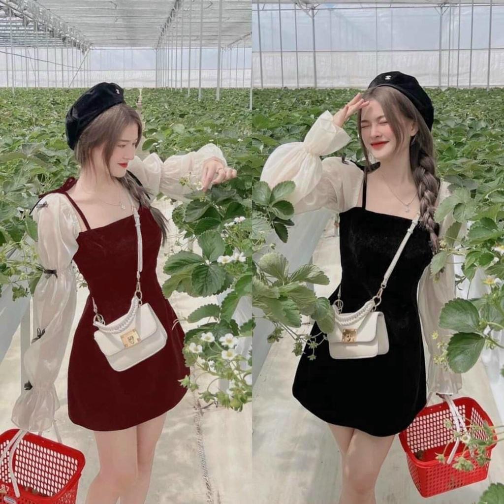 Đầm xoè nhung tay dài đính nơ