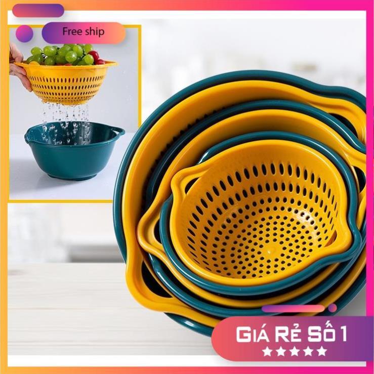 Set Rổ Kèm Chậu 6 Món Bộ 3 Rổ Và Chậu Thau Nhựa Rửa Rau Củ Đựng Hoa Quả Trái Cây 2 Lớp Hình Tròn Hình Vuông - GDNC0339