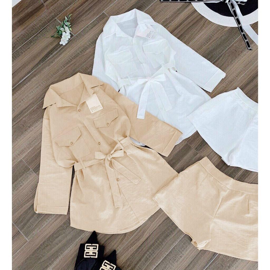 Đầm sơmi cột nơ eo kèm quần short ngắn
