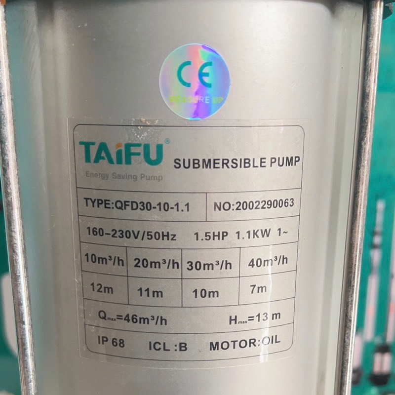 Máy bơm chìm lưu lượng 1.1Kw (1.5HP) Thân INOX 304 TAIFU QFD30-10-1.1 - Bảo hành 1 năm, Máy bơm nước chìm, Máy Bơm tõm