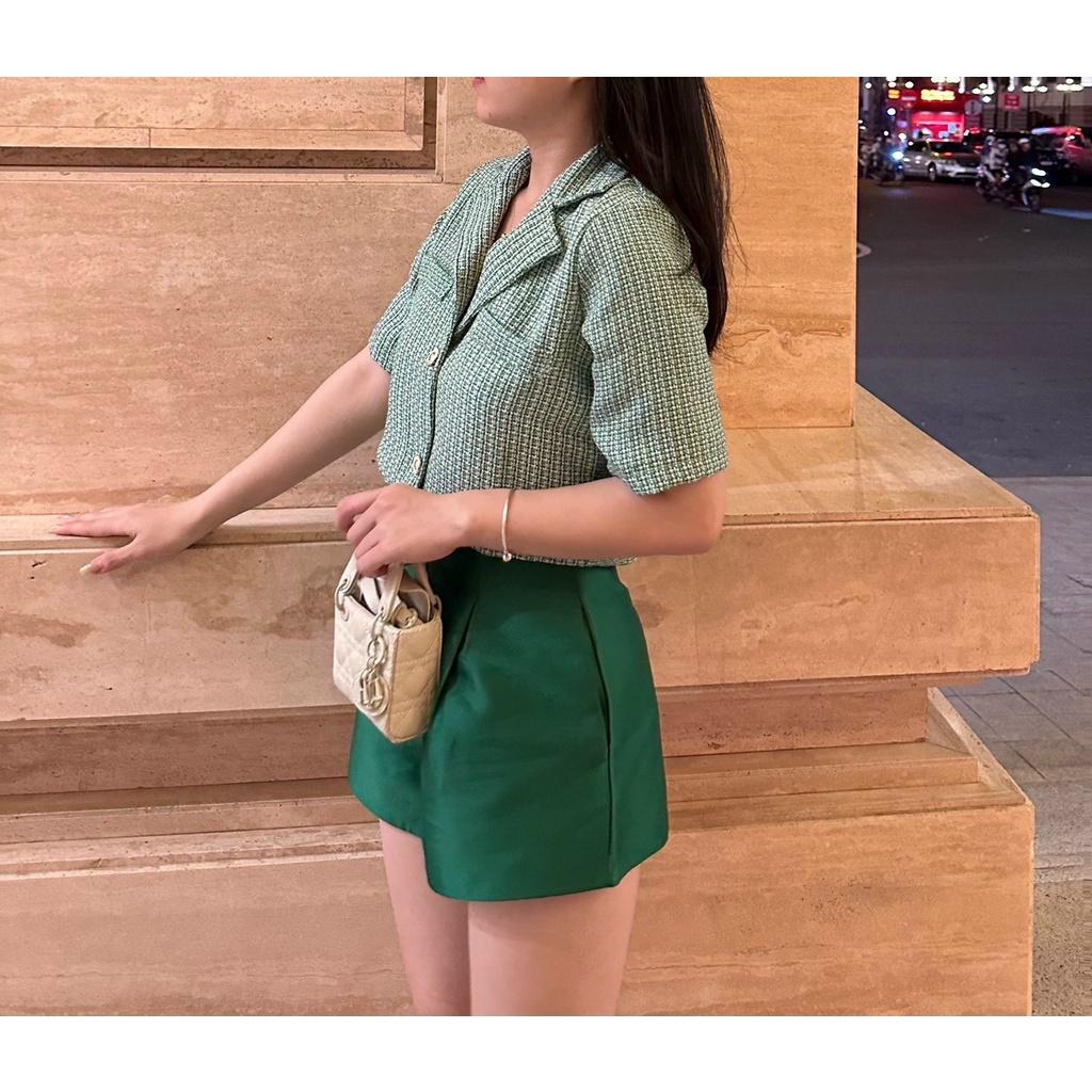 Set crop dạ caro cổ vest tay ngắn kèm quần đùi short xanh cá tính dự tiệc