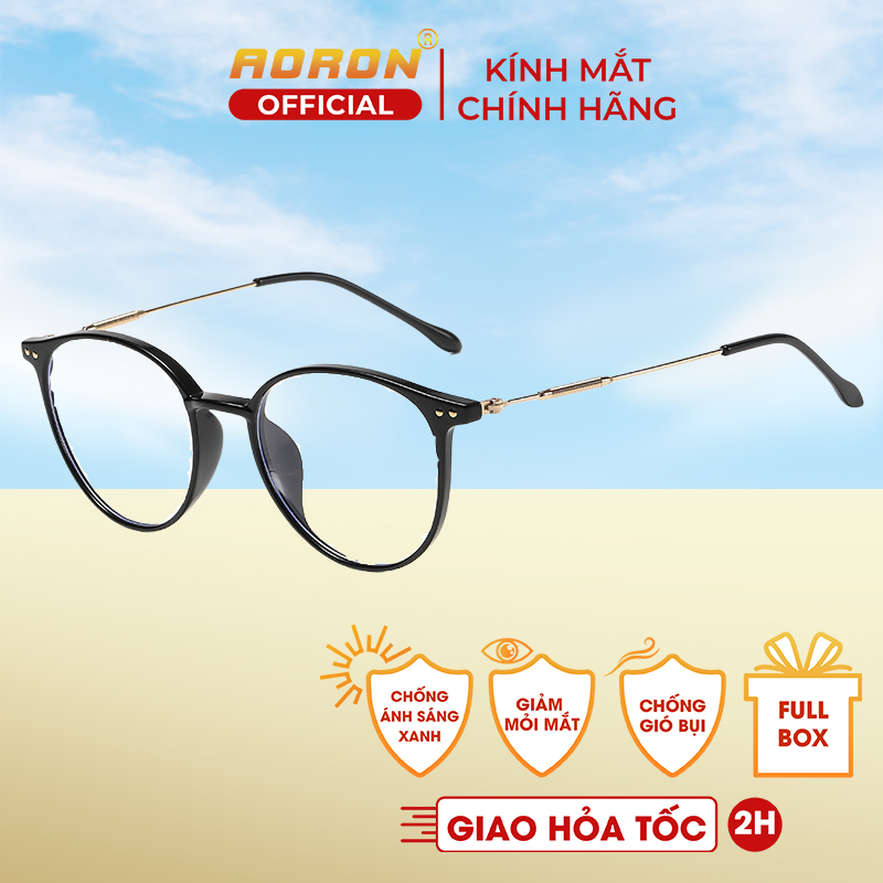 Gọng Kính Cận Nữ Aoron, Kính Chống Ánh Sáng Xanh Mắt Tròn Cá Tính, Gọng Kim Loại Mảnh Nhiều Màu Sắc Độc Đáo - Ak103 - Gọng Vàng Đen