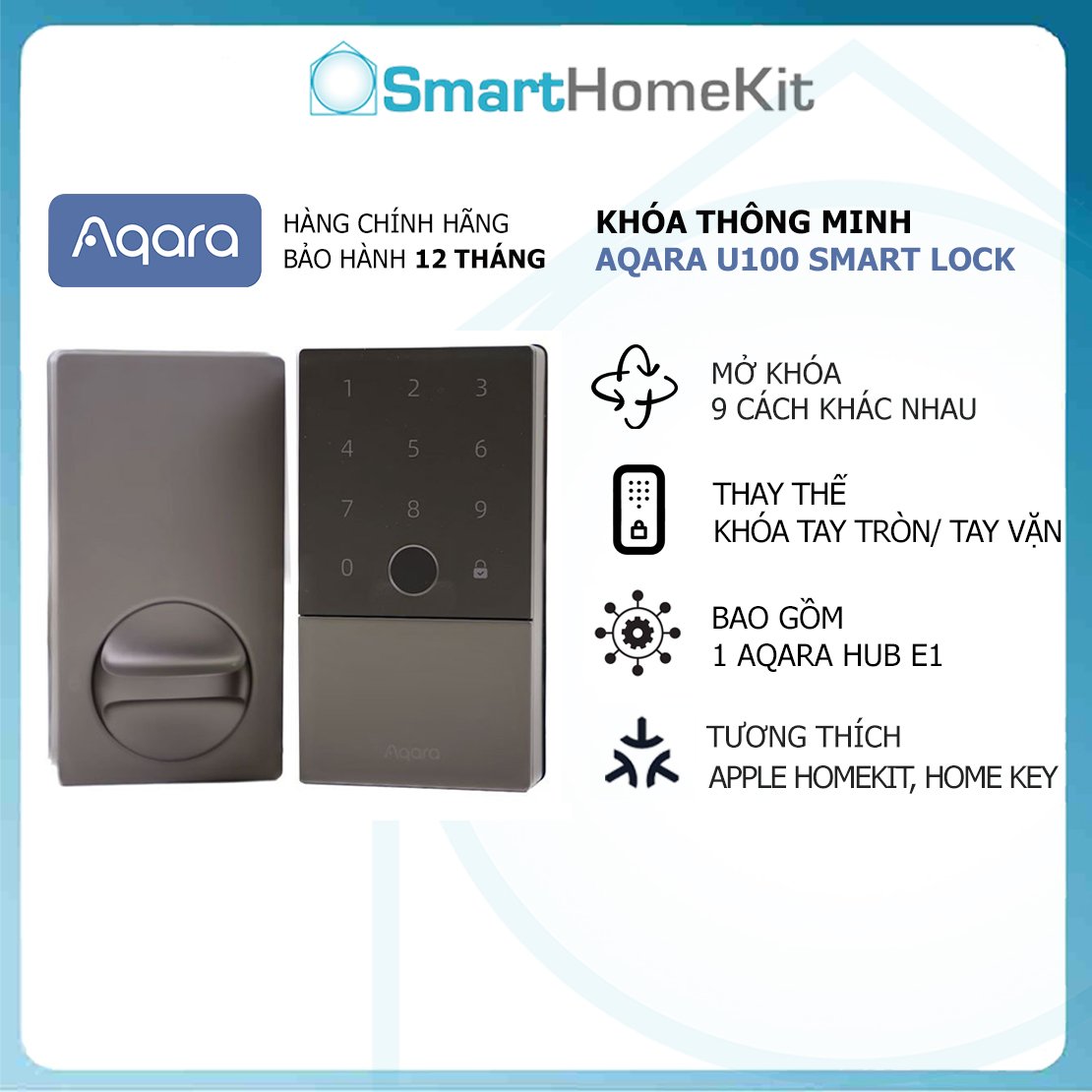 Bộ khóa thông minh Aqara U100 Smart Lock Kit Matter (Có sẵn Aqara Hub E1) Mở khóa bằng ứng dụng, vân tay, thẻ từ - Hàng Chính Hãng