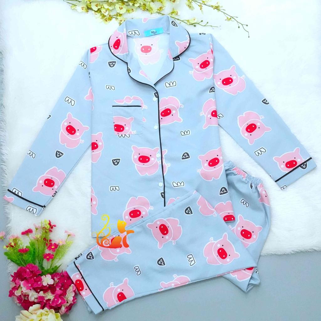 Đồ Bộ Mặc Nhà &quot;Heo mũi đỏ&quot; Pijama Kate Thái Tay Dài - Dưới 60kg