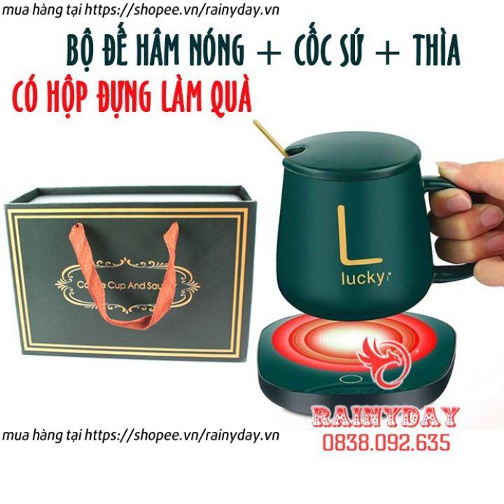 Đế máy hâm nóng đồ uống cà phê sữa cafe trà 55 độ cổng usb thông minh mini kèm cốc sứ thìa hộp
