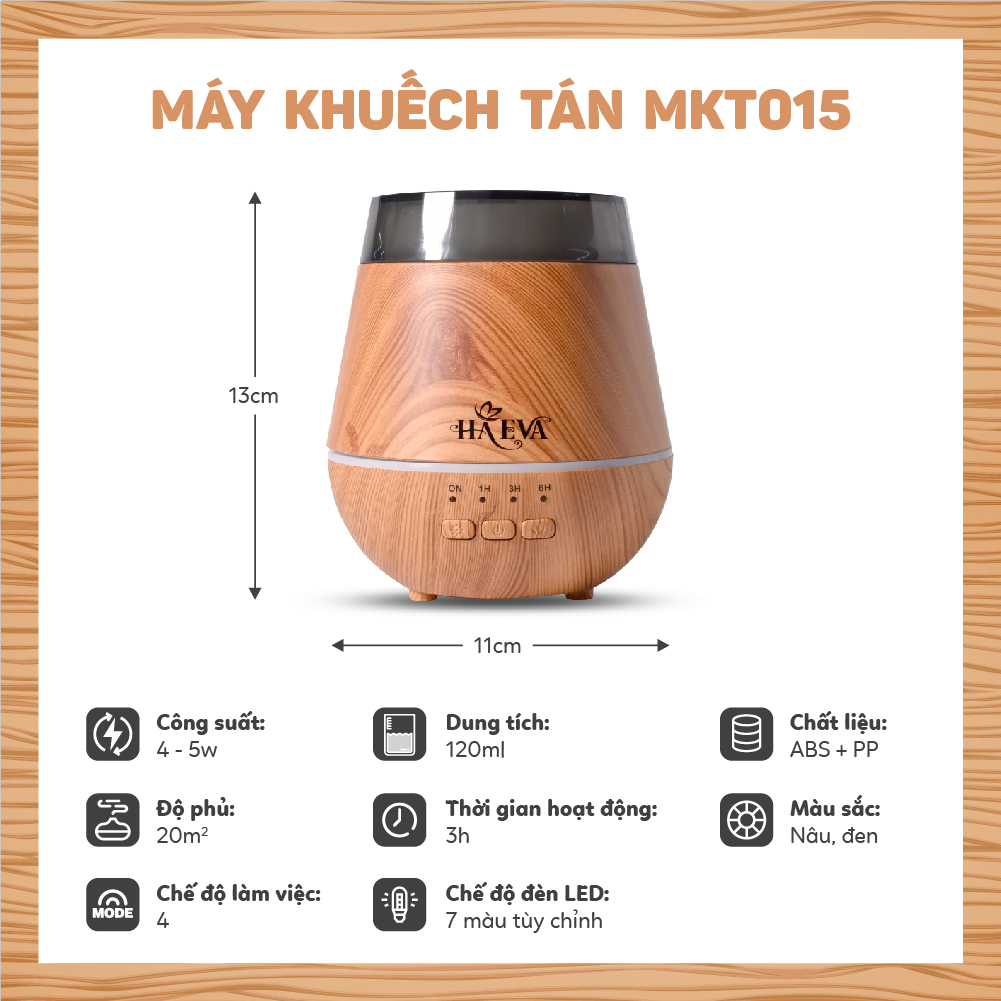 Máy xông tinh dầu Vân Gỗ MKT-015 khử mùi, tạo độ ẩm, Tự ngắt khi hết nước, đèn Led 7 màu tuỳ chỉnh