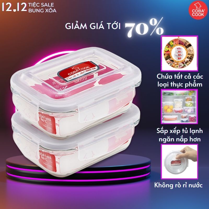 Bộ 2 hộp thủy tinh hộp đựng cơm trữ thức ăn chịu nhiệt COBA'COOK hộp chữ nhật 1041ml- CCL12