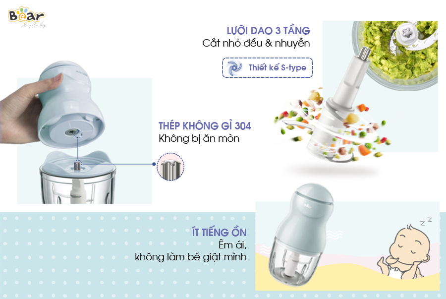 Máy Xay Thực Phẩm Đa Năng, Máy Xay Ăn Dặm BEAR GR-B03V2 Xay Cực Êm An Toàn Vệ Sinh, Dung Tích 0.3 Lít Công Suất 120 W - Hàng Chính Hãng