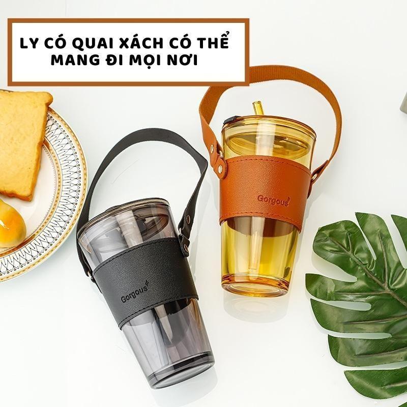 Ly Thủy Tinh Mix Da Size To, Ly Uống Nước Có Quai Xách Mang Đi Sang Trọng Tạng Kèm Ống Hút