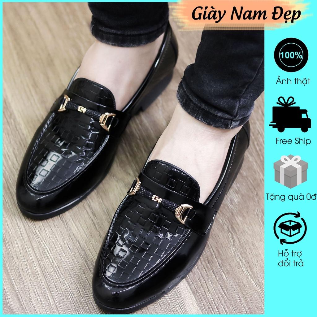 Giày Lười Nam Giá Rẻ, da bóng, Đế Cao 3cm - Mã L157 Màu Đen