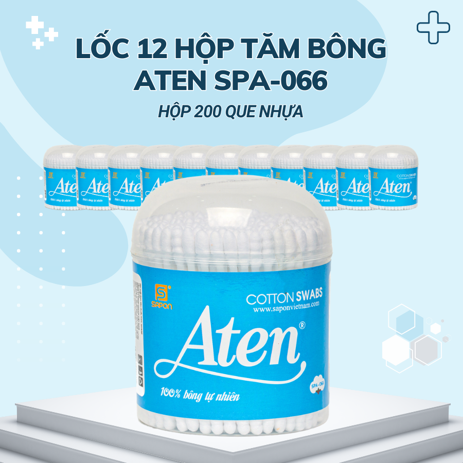 Lốc 12 hộp Tăm bông Aten người lớn thân nhựa hộp 200 que SPA-066
