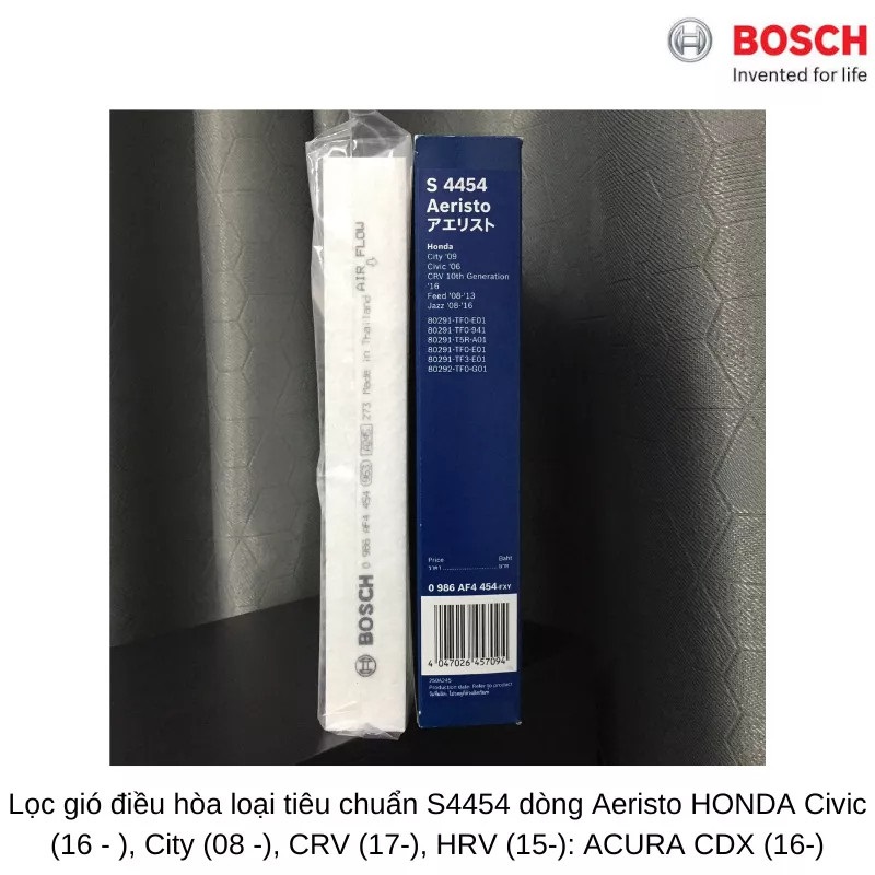 Lọc Điều Hòa Loại Tiêu Chuẩn / BOSCH / Ariesto S4454 / Cho Xe Honda Civic City, CRV, HRV, Acura CDX..- Hibu