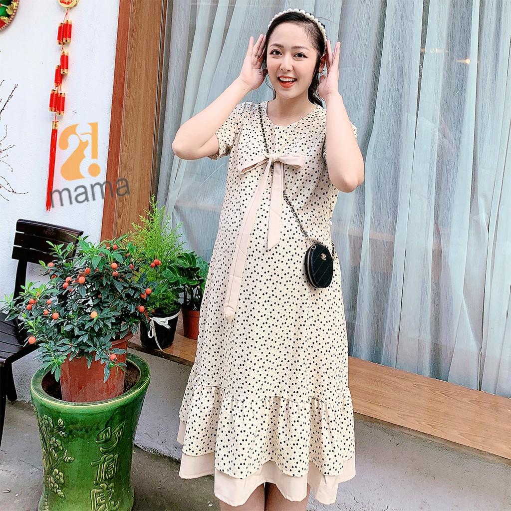 Đầm bầu dự tiệc 2MAMA thiết kế dáng suông đuôi cá họa tiết chấm bi V55