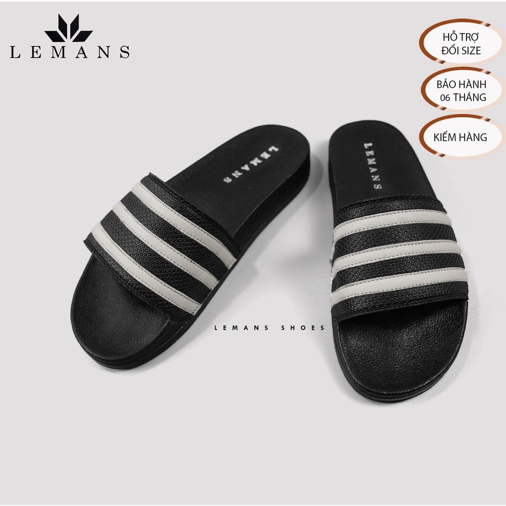 Dép Slipper Slides LEMANS Nam Nữ sọc đen trắng Da Bò. Đế Cao su đúc độc quyền, Đế Siêu Nhẹ &amp; Êm Cao 2,5cm. Bảo hành 06 tháng