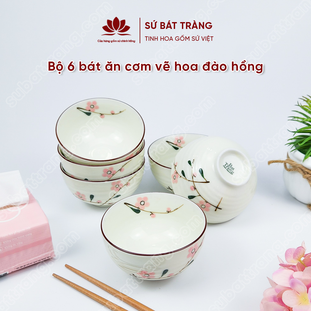 Bộ bát ăn cơm vẽ hoa đào hồng sứ Bát Tràng đẹp - Bộ 10 và 6 bát