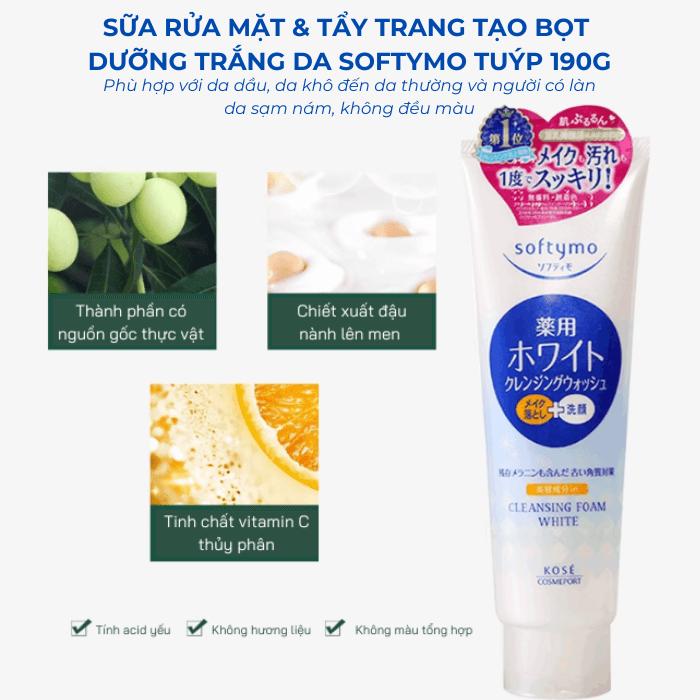 Sữa Rửa Mặt Và Tẩy Trang Tạo Bọt Dưỡng Trắng Da Softymo Kosé (Tuýp 190g)