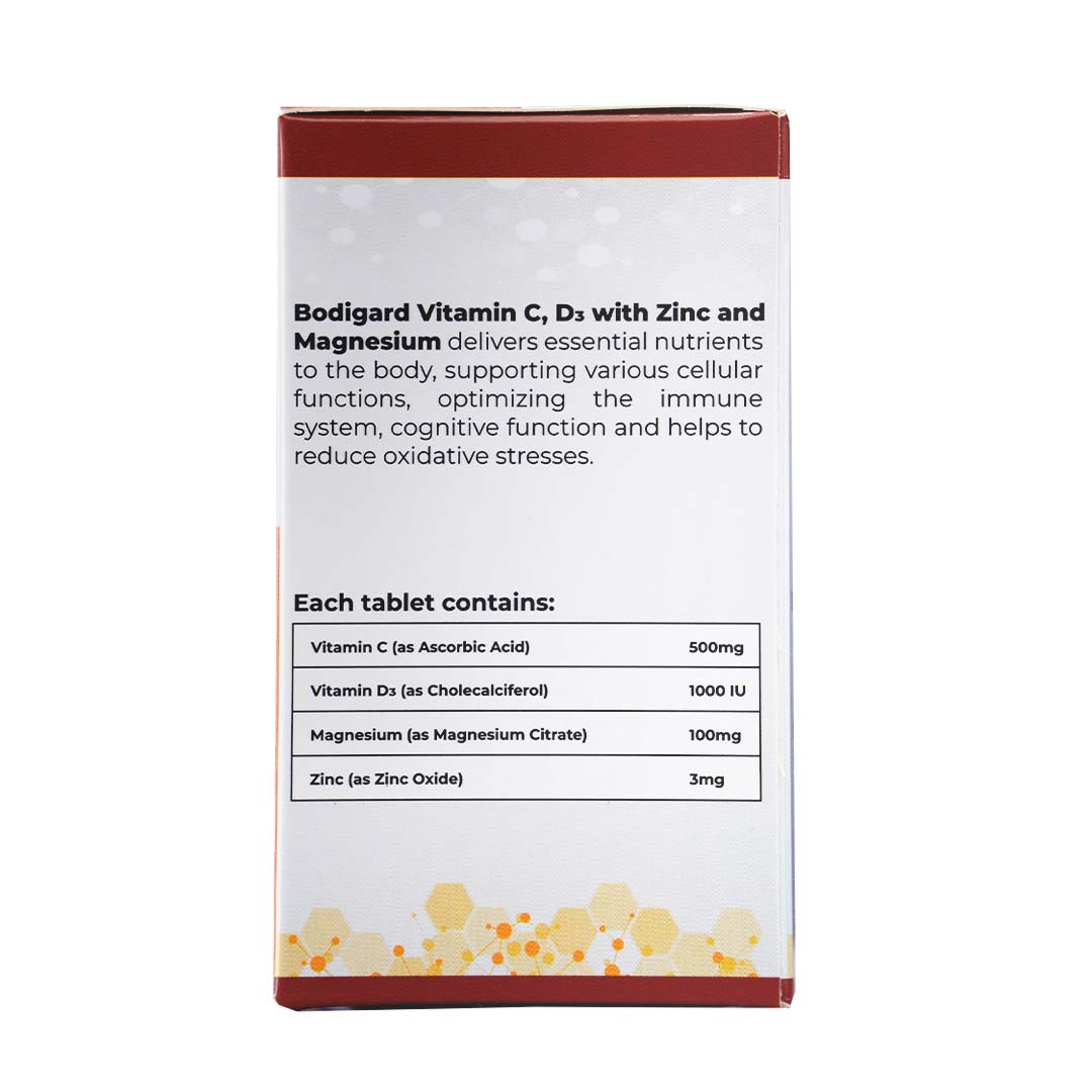 Viên uống tổng hợp bổ sung Vitamin C, D3, Kẽm và Magie giúp chắc khỏe xương, giảm stress, bồi bổ sức khỏe và tăng sức đề kháng Bodigard Vit C, D3, Zn & Mg