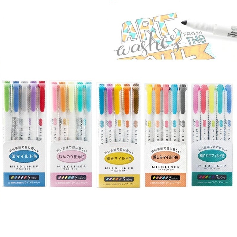 Set 5 Bút đánh dấu hai đầu Zebra highlight Mildliner tem xanh