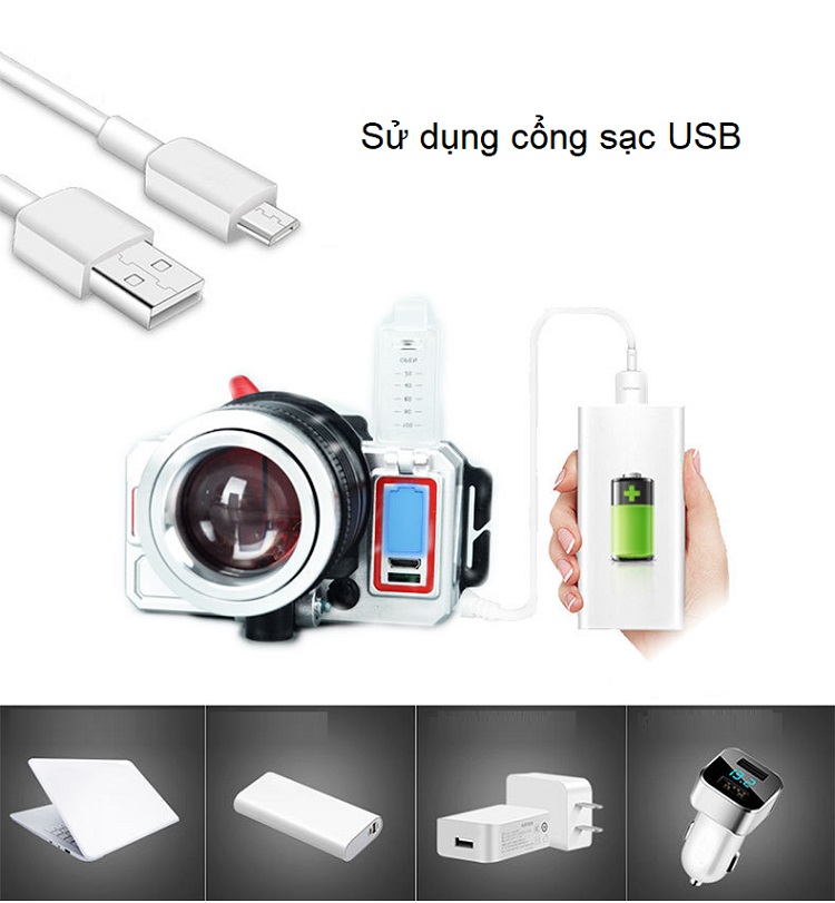 Đèn pin siếu sáng chiếu xa đội đầu với 3 màu ánh sáng tích hợp cổng sạc USB tiện dụng M5 ( Tặng kèm 04 nút kẹp cao su đa năng giữ dây điện cố định ngẫu nhiên )