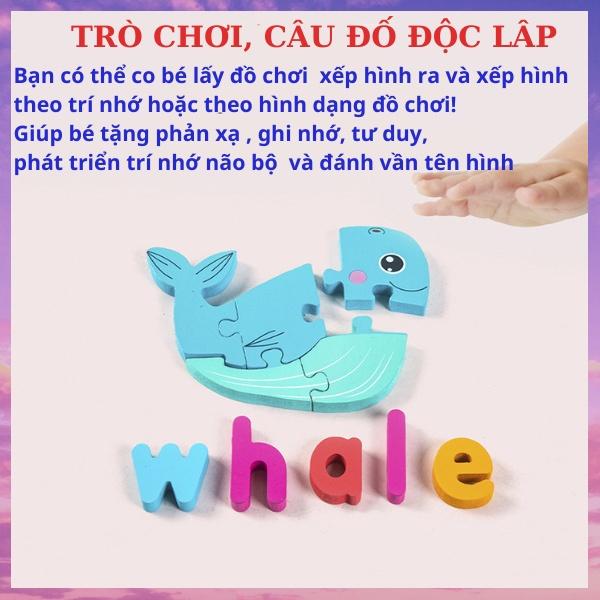 Đồ chơi thông minh 3in1 bộ tranh xếp hình, ghép chữ, ghép hình lắp ráp bằng gỗ 3D in nổi giúp bé phát triển tư duy