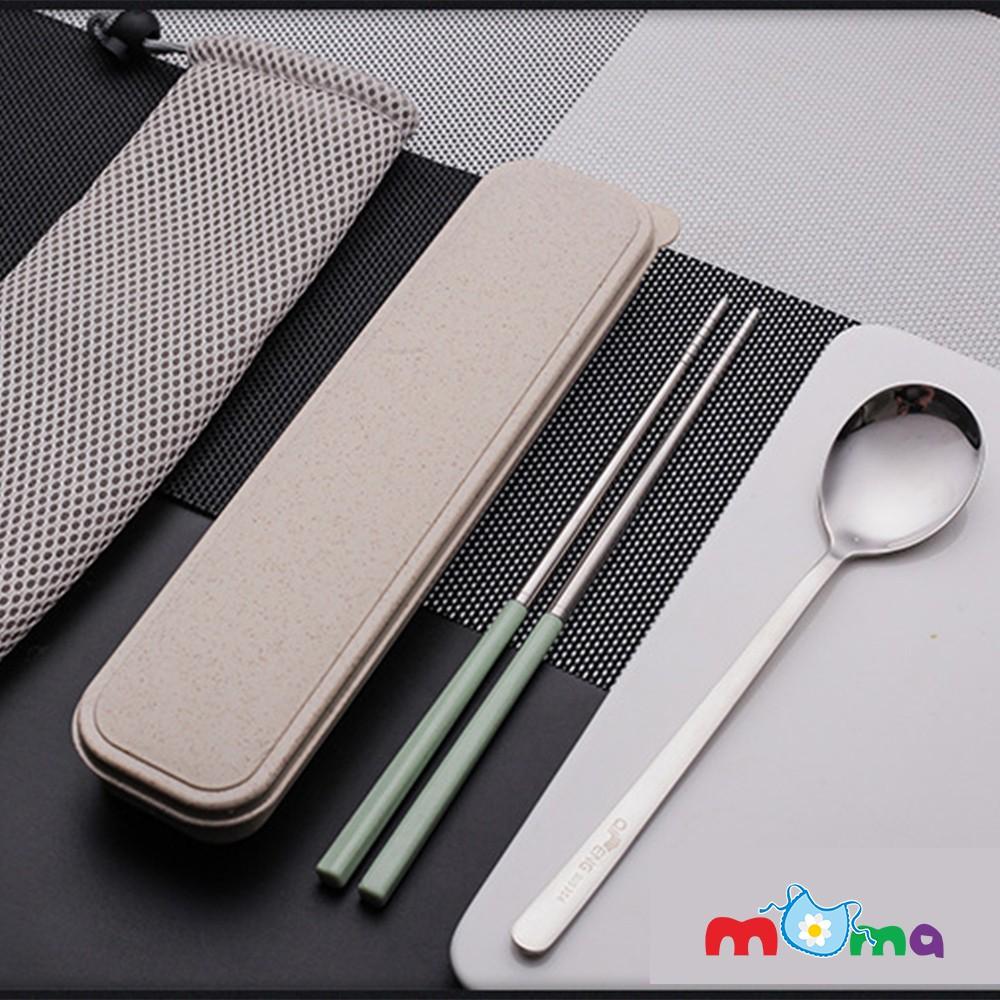 Bộ thìa đũa-muỗng đũa inox có hộp đựng bằng nhựa lúa mạch bảo vệ môi trường, kèm túi dây rút_HK045