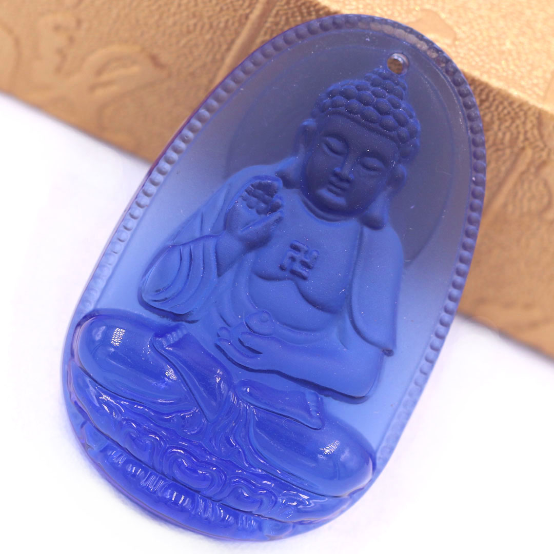 Mặt Phật A di đà thuỷ tinh xanh dương 3.6 cm kèm móc và vòng cổ dây cao su đen, Mặt Phật bản mệnh